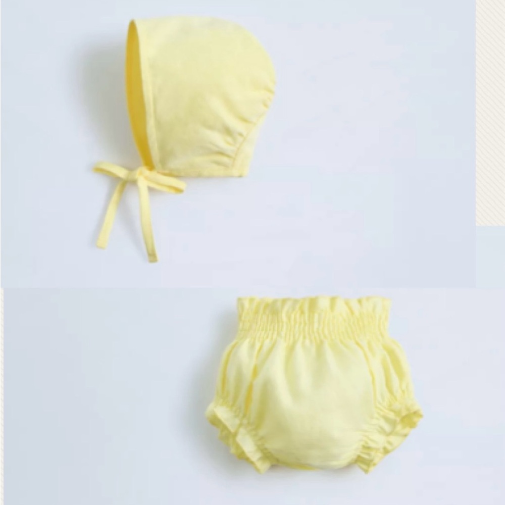 NWT Zara 3-6m linen cotton blend matching bonnet and ruffled bloomers bottoms